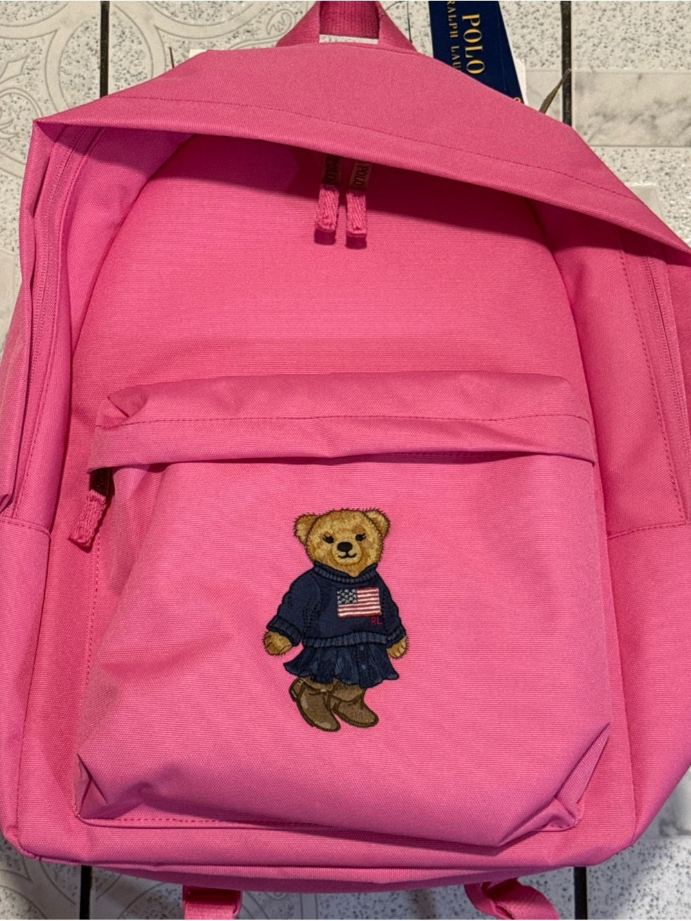 New Polo Ralph Lauren Girls Polo Bear Canvas Backpack Baja Pink Full Size